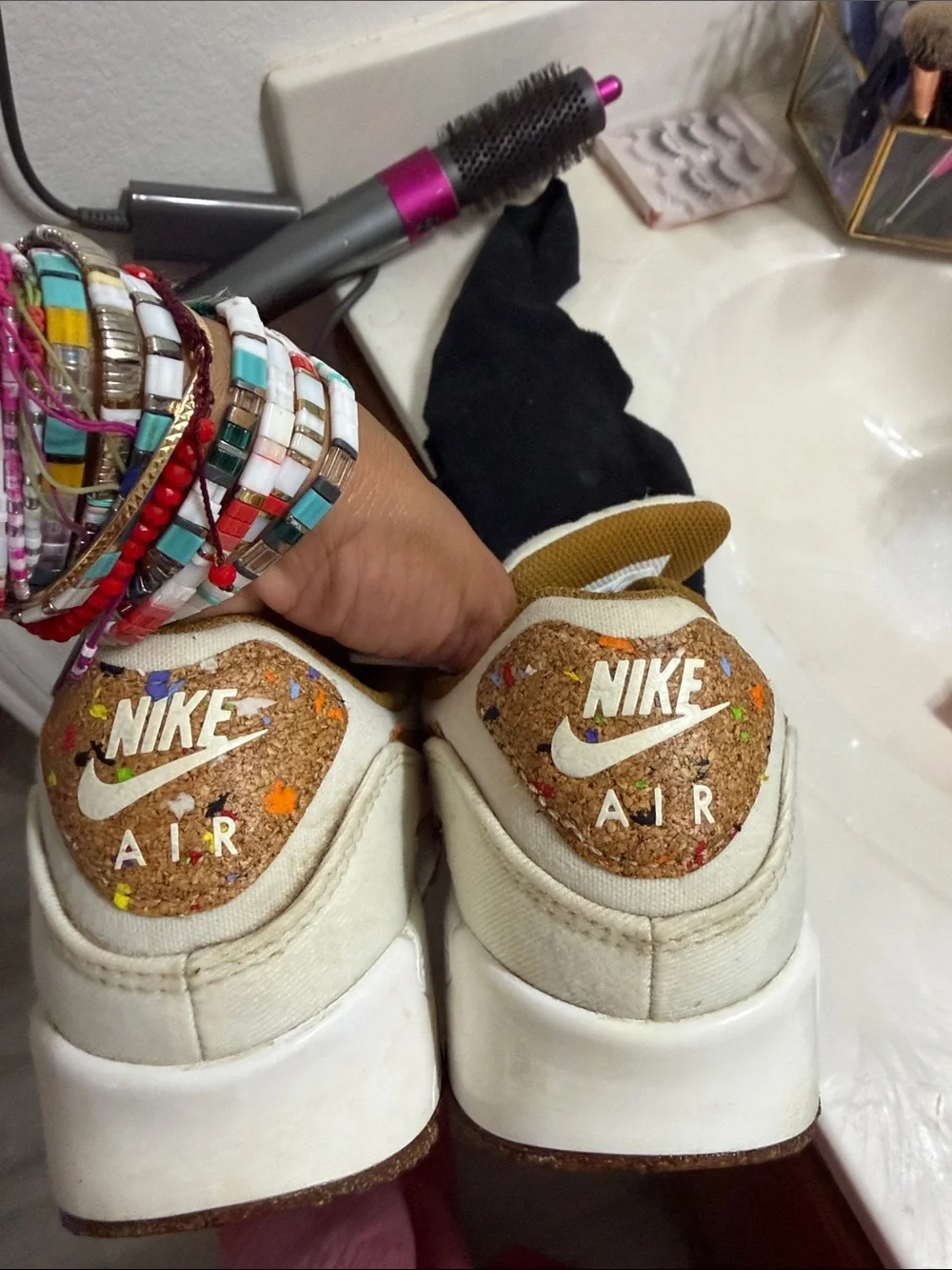 Kids White and Brown Floral Accent Athletic Sneakers